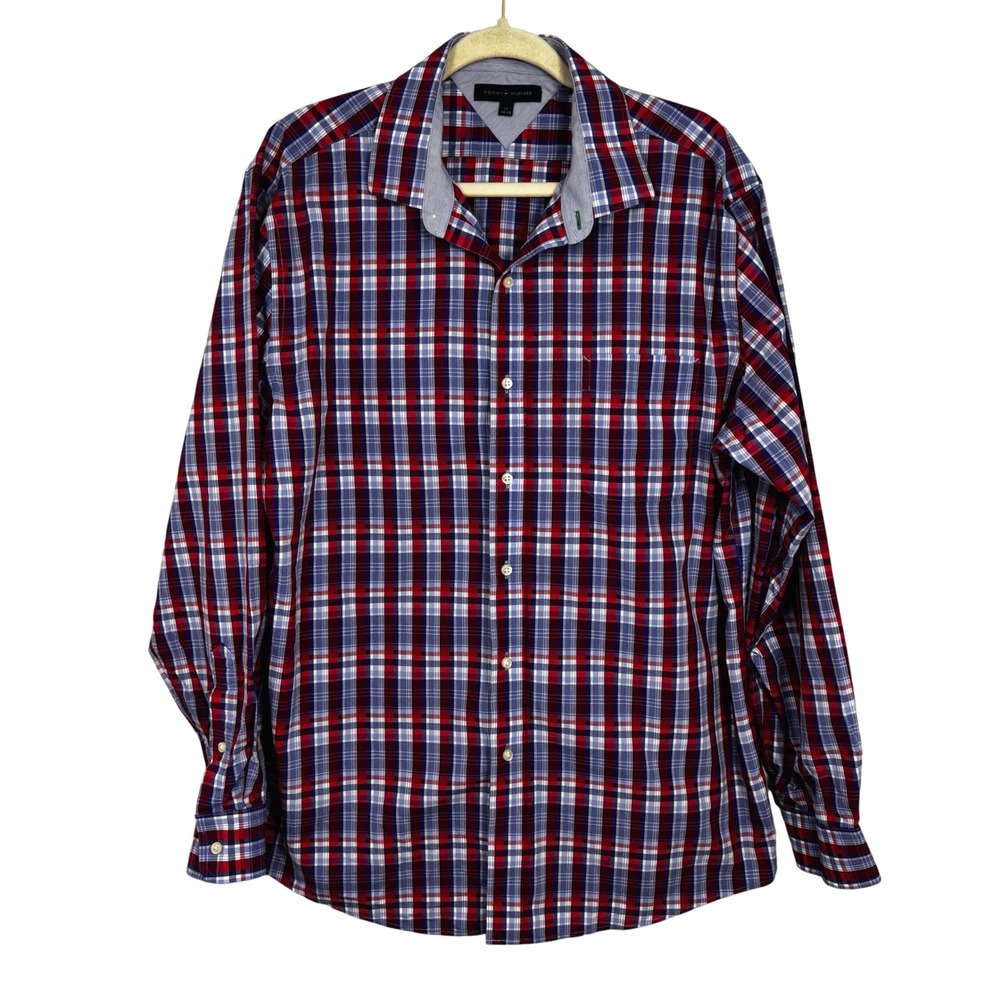 Tommy Hilfiger Mens Slim Fit Plaid Button Down Shirt Red White Blue 17 34-35